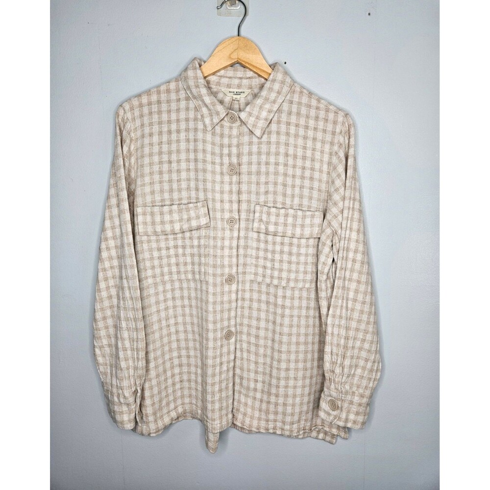 MAX STUDIO Women's Linen Blend Shirt XL Button Down Buffalo Check Gingham Beige